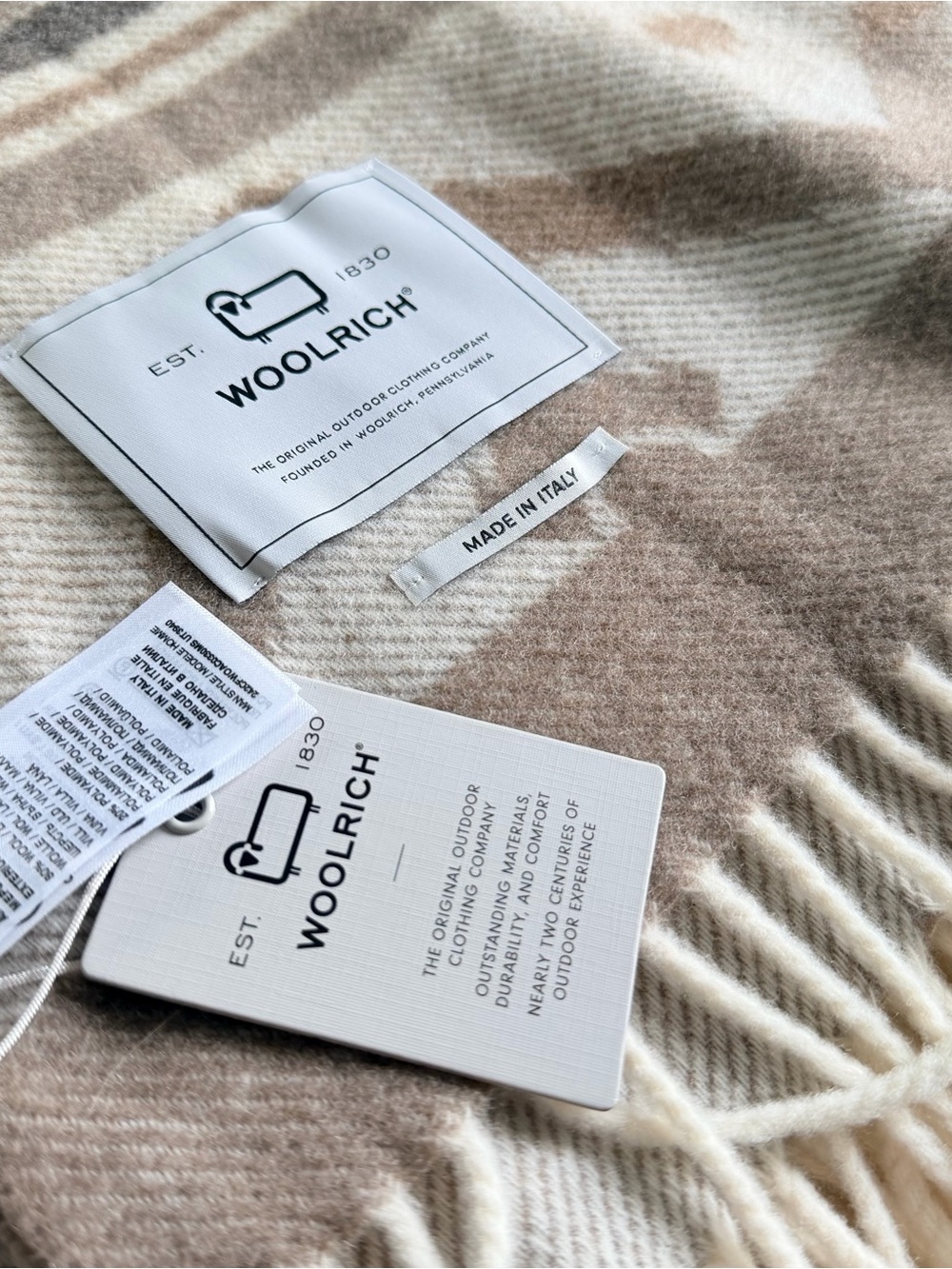 Woolrich Cream and Beige Plaid Wool Blanket